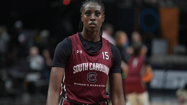 Mar 30, 2023; Dallas, TX, USA; South Carolina Gamecocks forward Laeticia Amihere (15) at the American Airlines Center. Mandatory Credit: Kirby Lee-USA TODAY Sports