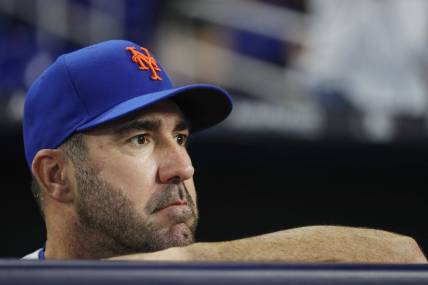 Mar 30, 2023; Miami, Florida, USA; New York Mets starting pitcher Justin Verlander (35) looks on from the dugout prior to the game against the Miami Marlins at loanDepot Park. Mandatory Credit: Sam Navarro-USA TODAY Sports