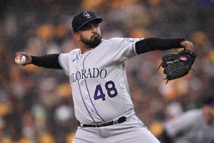 Mar 30, 2023; San Diego, California, USA; Colorado Rockies starting pitcher German Marquez (48) throws a pitch against the San Diego Padres during the first inning at Petco Park. Mandatory Credit: Orlando Ramirez-USA TODAY Sports