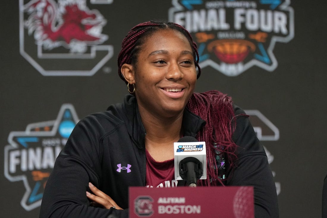 Mar 30, 2023; Dallas, TX, USA; South Carolina Gamecocks forward Aliyah Boston at press conference at the American Airlines Center. Mandatory Credit: Kirby Lee-USA TODAY Sports