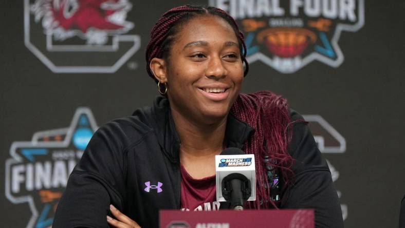 Mar 30, 2023; Dallas, TX, USA; South Carolina Gamecocks forward Aliyah Boston at press conference at the American Airlines Center. Mandatory Credit: Kirby Lee-USA TODAY Sports