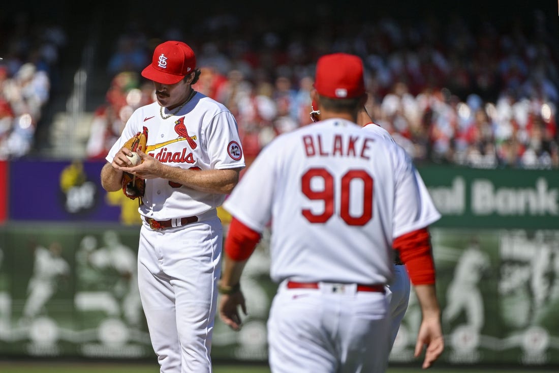 Miles Mikolas of the St. Louis Cardinals looks on before a game