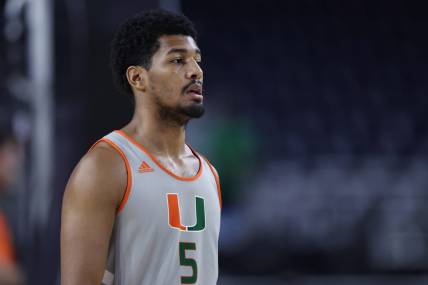 Mar 31, 2023; Houston, TX, USA; Miami (Fl) Hurricanes guard Harlond Beverly (5) looks on during a practice session the day before the Final Four of the 2023 NCAA Tournament at NRG Stadium. Mandatory Credit: Troy Taormina-USA TODAY Sports