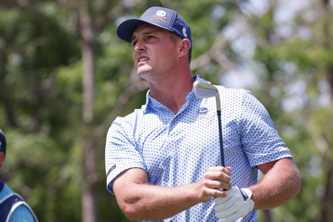 Mar 31, 2023; Orlando, Florida, USA; Bryson DeChambeau of the Crushers plays his shot from the seventh tee during the first round of a LIV Golf event at Orange County National. Mandatory Credit: Reinhold Matay-USA TODAY Sports