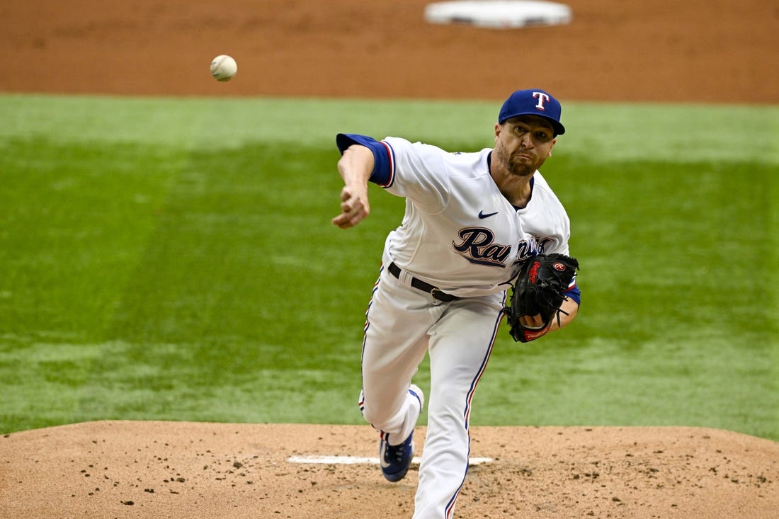 Mar 30, 2023; Arlington, Texas, USA; Texas Rangers starting pitcher Jacob deGrom (48) in action during the game between the Texas Rangers and the Philadelphia Phillies at Globe Life Field. Mandatory Credit: Jerome Miron-USA TODAY Sports