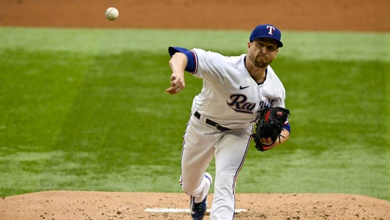 Mar 30, 2023; Arlington, Texas, USA; Texas Rangers starting pitcher Jacob deGrom (48) in action during the game between the Texas Rangers and the Philadelphia Phillies at Globe Life Field. Mandatory Credit: Jerome Miron-USA TODAY Sports