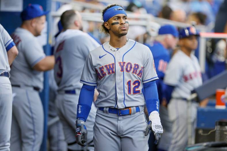 Mar 31, 2023; Miami, Florida, USA; New York Mets shortstop Francisco Lindor (12) looks on prior to the game against the Miami Marlins at loanDepot Park. Mandatory Credit: Sam Navarro-USA TODAY Sports