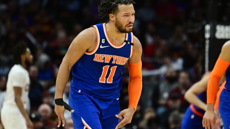 Mar 31, 2023; Cleveland, Ohio, USA; New York Knicks guard Jalen Brunson (11) celebrates after hitting a three point basket during the second half against the Cleveland Cavaliers at Rocket Mortgage FieldHouse. Mandatory Credit: Ken Blaze-USA TODAY Sports