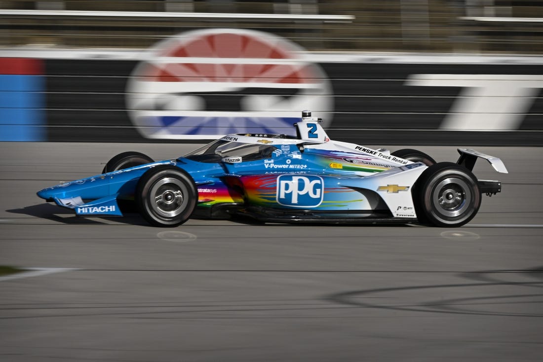 Apr 1, 2023; Fort Worth, Texas, USA; Team Penske driver Josef Newgarden (2) of United States during practice for the NTT IndyCar Series PPG 375 race at Texas Motor Speedway. Mandatory Credit: Jerome Miron-USA TODAY Sports