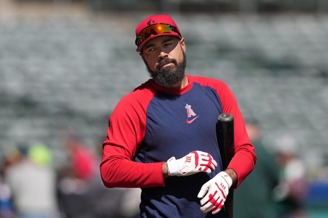 Apr 1, 2023; Oakland, California, USA; Los Angeles Angels third baseman Anthony Rendon warms up before the game against the Oakland Athletics at RingCentral Coliseum. Mandatory Credit: Darren Yamashita-USA TODAY Sports