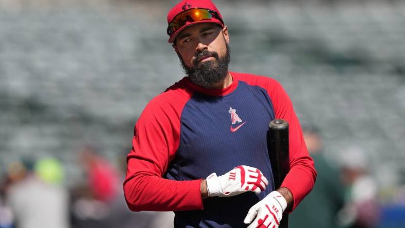 Apr 1, 2023; Oakland, California, USA; Los Angeles Angels third baseman Anthony Rendon warms up before the game against the Oakland Athletics at RingCentral Coliseum. Mandatory Credit: Darren Yamashita-USA TODAY Sports