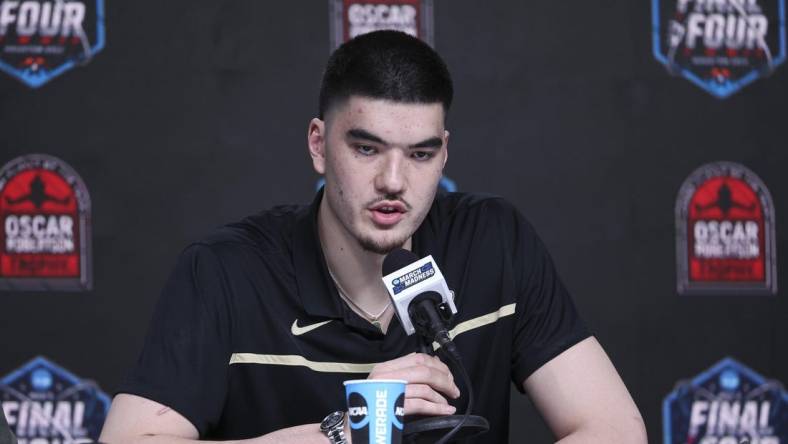 Apr 1, 2023; Houston, TX, USA; Purdue center Zach Edey speaks at a press conference after being announced as the Oscar Robertson player of the year at NRG Stadium. Mandatory Credit: Troy Taormina-USA TODAY Sports