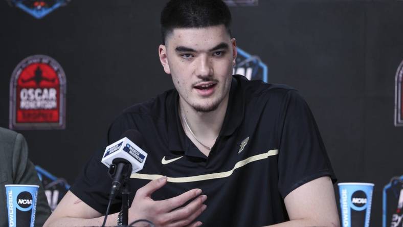 Apr 1, 2023; Houston, TX, USA; Purdue center Zach Edey speaks at a press conference after being announced as the Oscar Robertson player of the year at NRG Stadium. Mandatory Credit: Troy Taormina-USA TODAY Sports