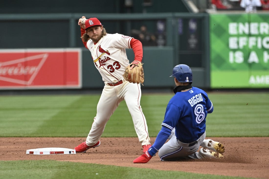 Apr 1, 2023; St. Louis, Missouri, USA; Toronto Blue Jays second baseman Cavan Biggio (8) is out at second as St. Louis Cardinals second baseman Brendan Donovan (33) turns a double play in the second inning at Busch Stadium. Mandatory Credit: Joe Puetz-USA TODAY Sports