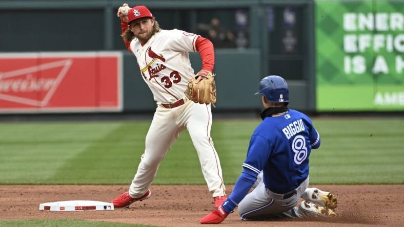 Apr 1, 2023; St. Louis, Missouri, USA; Toronto Blue Jays second baseman Cavan Biggio (8) is out at second as St. Louis Cardinals second baseman Brendan Donovan (33) turns a double play in the second inning at Busch Stadium. Mandatory Credit: Joe Puetz-USA TODAY Sports