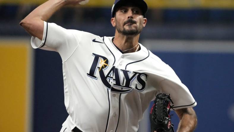 Apr 1, 2023; St. Petersburg, Florida, USA; Tampa Bay Rays starting pitcher Zach Eflin (24) throws a pitch against the Detroit Tigers during the first inning at Tropicana Field. Mandatory Credit: Dave Nelson-USA TODAY Sports