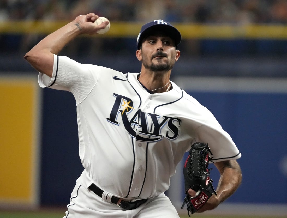 Apr 1, 2023; St. Petersburg, Florida, USA; Tampa Bay Rays starting pitcher Zach Eflin (24) throws a pitch against the Detroit Tigers during the first inning at Tropicana Field. Mandatory Credit: Dave Nelson-USA TODAY Sports