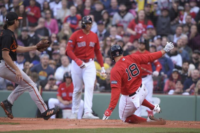 Apr 1, 2023; Boston, Massachusetts, USA;  Boston Red Sox center fielder Adam Duvall (18) scores a run on a wild pitch during the second inning against the Baltimore Orioles at Fenway Park. Mandatory Credit: Bob DeChiara-USA TODAY Sports