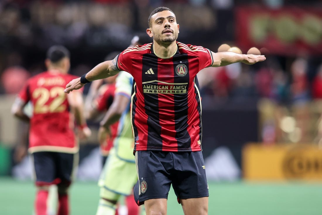 Apr 1, 2023; Atlanta, Georgia, USA; Atlanta United forward Giorgos Giakoumakis (7) celebrates after a goal against the New York Red Bulls in the first half at Mercedes-Benz Stadium. Mandatory Credit: Brett Davis-USA TODAY Sports