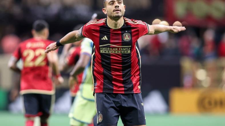 Apr 1, 2023; Atlanta, Georgia, USA; Atlanta United forward Giorgos Giakoumakis (7) celebrates after a goal against the New York Red Bulls in the first half at Mercedes-Benz Stadium. Mandatory Credit: Brett Davis-USA TODAY Sports