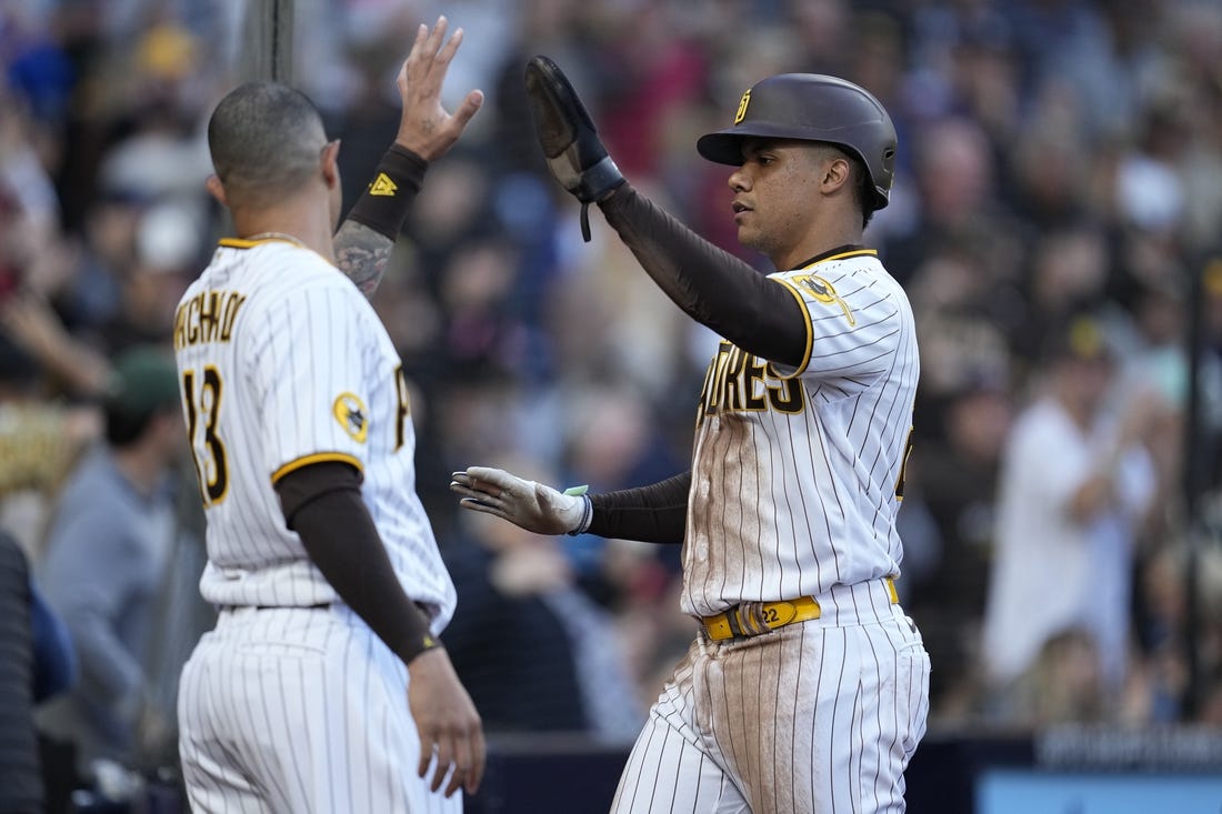 Manny Machado of the San Diego Padres warms-up on field before a