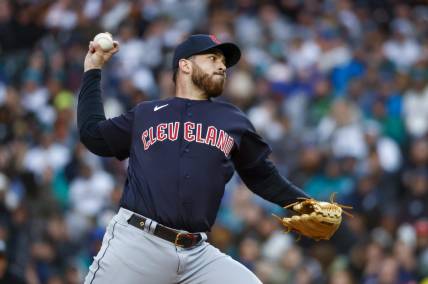 Apr 1, 2023; Seattle, Washington, USA; Cleveland Guardians starting pitcher Aaron Civale (43) throws against the Seattle Mariners during the second inning at T-Mobile Park. Mandatory Credit: Joe Nicholson-USA TODAY Sports