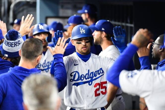 LOS ANGELES, CA - APRIL 02: Los Angeles Dodgers center fielder Trayce  Thompson (25) reacts after striking out during a regular season game  between the Arizona Diamondbacks and Los Angeles Dodgers on