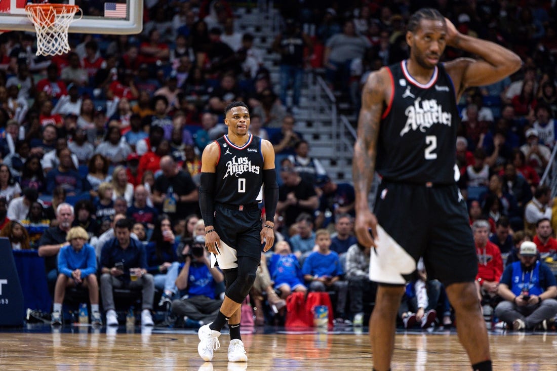LA Clippers guard Russell Westbrook (0) could be missing forward Kawhi Leonard (2) again in Game 4 on Saturday. Mandatory Credit: Stephen Lew-USA TODAY Sports