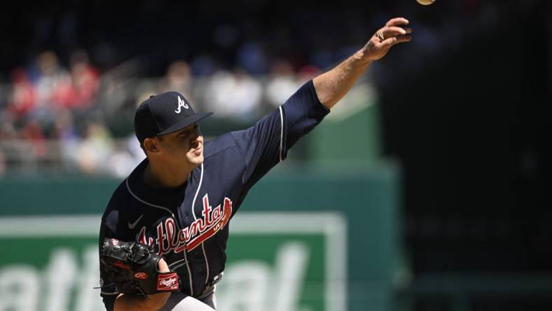 Apr 2, 2023; Washington, District of Columbia, USA; Atlanta Braves starting pitcher Jared Shuster (45) throws to the Washington Nationals during the first inning at Nationals Park. Mandatory Credit: Brad Mills-USA TODAY Sports