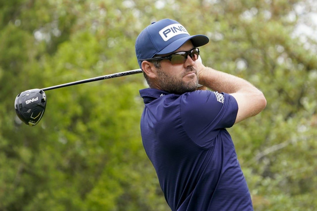 Apr 2, 2023; San Antonio, Texas, USA; Corey Conners plays his shot from the first tee during the final round of the Valero Texas Open golf tournament. Mandatory Credit: Raymond Carlin III-USA TODAY Sports