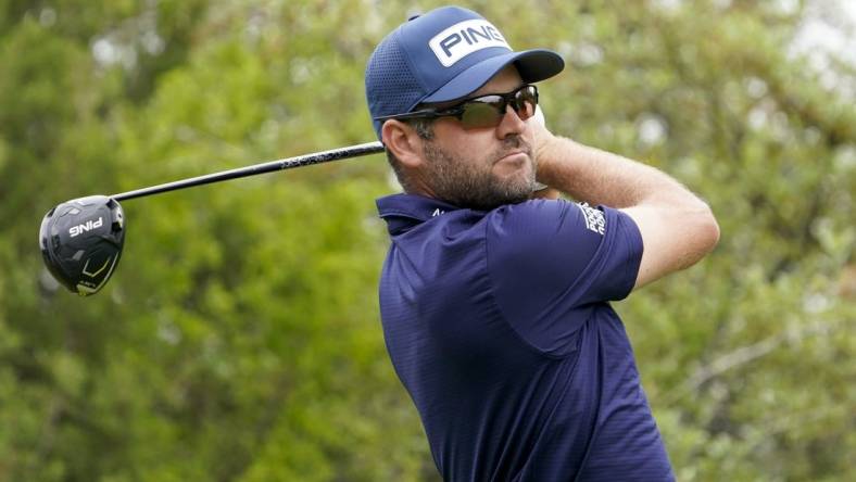 Apr 2, 2023; San Antonio, Texas, USA; Corey Conners plays his shot from the first tee during the final round of the Valero Texas Open golf tournament. Mandatory Credit: Raymond Carlin III-USA TODAY Sports