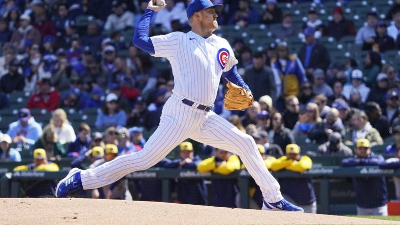 Apr 2, 2023; Chicago, Illinois, USA; Chicago Cubs starting pitcher Jameson Taillon (50) throws the ball against the Milwaukee Brewers during the first inning at Wrigley Field. Mandatory Credit: David Banks-USA TODAY Sports