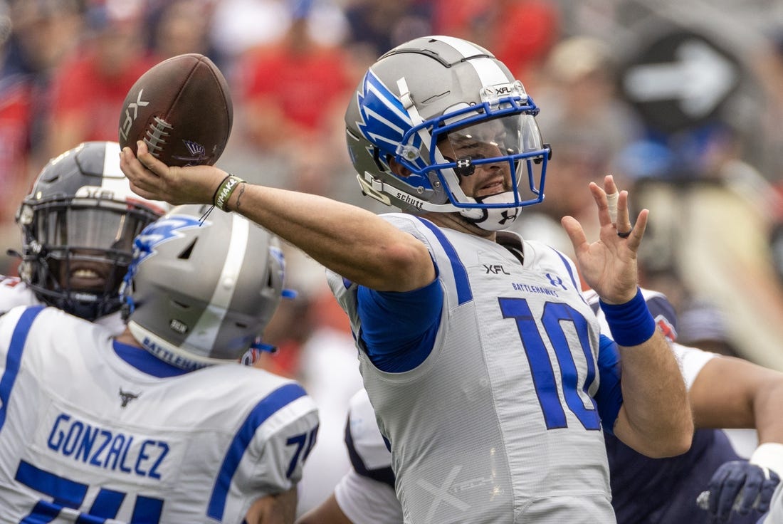 Apr 2, 2023; Houston, TX, USA;  Louis Battlehawks quarterback A.J. McCarron (10) passes against the Houston Roughnecks St. in the first quarter at TDECU Stadium. Mandatory Credit: Thomas Shea-USA TODAY Sports