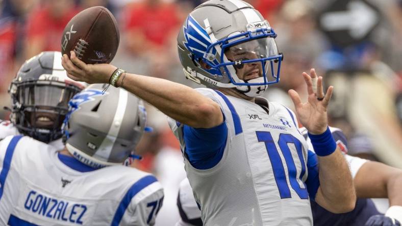 Apr 2, 2023; Houston, TX, USA;  Louis Battlehawks quarterback A.J. McCarron (10) passes against the Houston Roughnecks St. in the first quarter at TDECU Stadium. Mandatory Credit: Thomas Shea-USA TODAY Sports