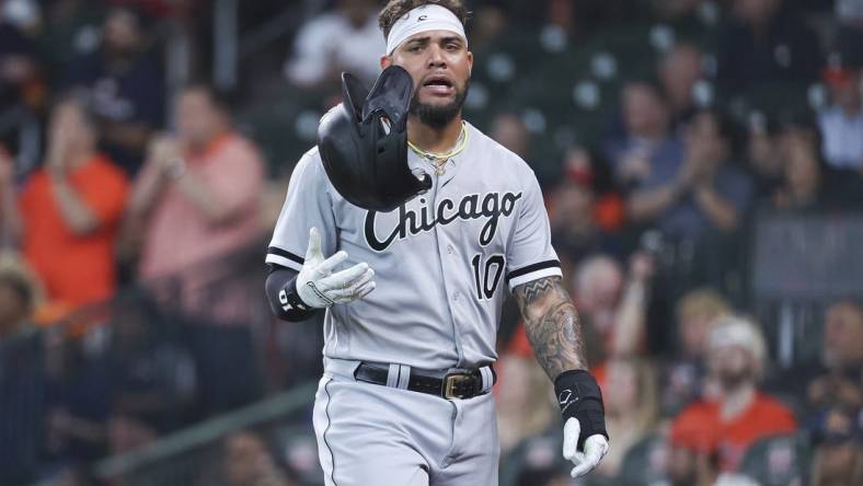 Apr 2, 2023; Houston, Texas, USA; Chicago White Sox third baseman Yoan Moncada (10) reacts after a play during the second inning against the Houston Astros at Minute Maid Park. Mandatory Credit: Troy Taormina-USA TODAY Sports