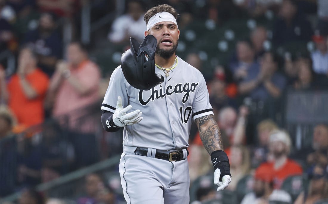 Apr 2, 2023; Houston, Texas, USA; Chicago White Sox third baseman Yoan Moncada (10) reacts after a play during the second inning against the Houston Astros at Minute Maid Park. Mandatory Credit: Troy Taormina-USA TODAY Sports