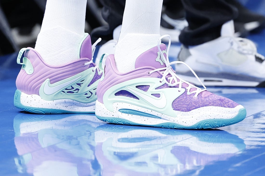 Apr 2, 2023; Oklahoma City, Oklahoma, USA; A close up view of Phoenix Suns forward Kevin Durant (35) shoes before a game against the Oklahoma City Thunder at Paycom Center. Mandatory Credit: Alonzo Adams-USA TODAY Sports