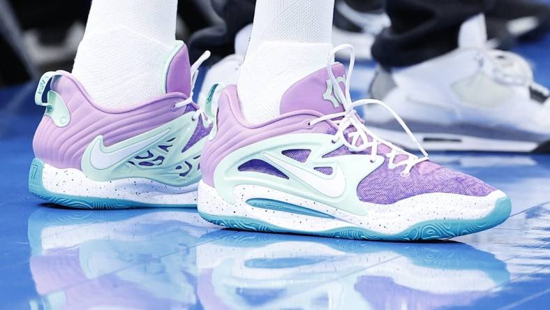 Apr 2, 2023; Oklahoma City, Oklahoma, USA; A close up view of Phoenix Suns forward Kevin Durant (35) shoes before a game against the Oklahoma City Thunder at Paycom Center. Mandatory Credit: Alonzo Adams-USA TODAY Sports