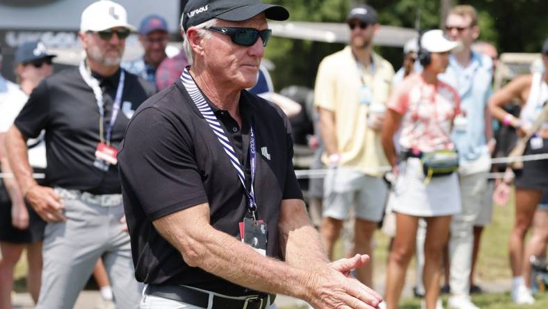 Apr 2, 2023; Orlando, Florida, USA; LIV Golf tour Commissioner Greg Norman walks onto the first tee during the final round of a LIV Golf event at Orange County National. Mandatory Credit: Reinhold Matay-USA TODAY Sports