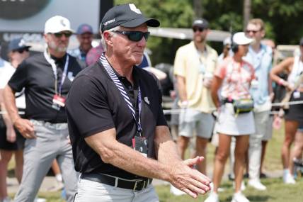 Apr 2, 2023; Orlando, Florida, USA; LIV Golf tour Commissioner Greg Norman walks onto the first tee during the final round of a LIV Golf event at Orange County National. Mandatory Credit: Reinhold Matay-USA TODAY Sports