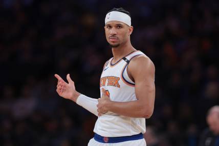 Apr 2, 2023; New York, New York, USA; New York Knicks guard Josh Hart (3) reacts during the second half against the Washington Wizards at Madison Square Garden. Mandatory Credit: Vincent Carchietta-USA TODAY Sports