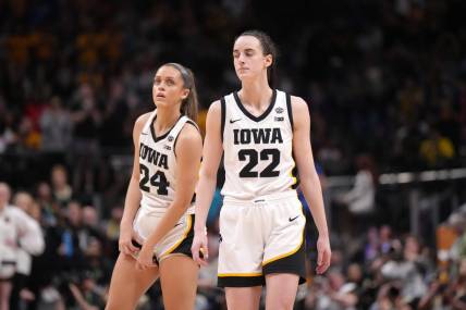 Apr 2, 2023; Dallas, TX, USA; Iowa Hawkeyes guard Gabbie Marshall (24) and guard Caitlin Clark (22) react during the NCAA Womens Basketball Final Four National Championship against the LSU Lady Tigers at American Airlines Center. Mandatory Credit: Kirby Lee-USA TODAY Sports
