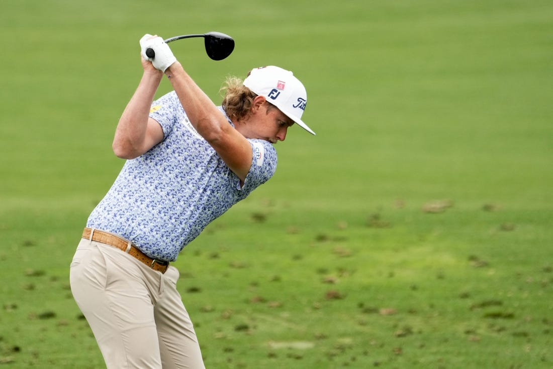 Apr 3, 2023; Augusta, Georgia, USA; Cameron Smith hits at the practice facility during a practice round for The Masters golf tournament at Augusta National Golf Club. Mandatory Credit: Rob Schumacher-USA TODAY Network