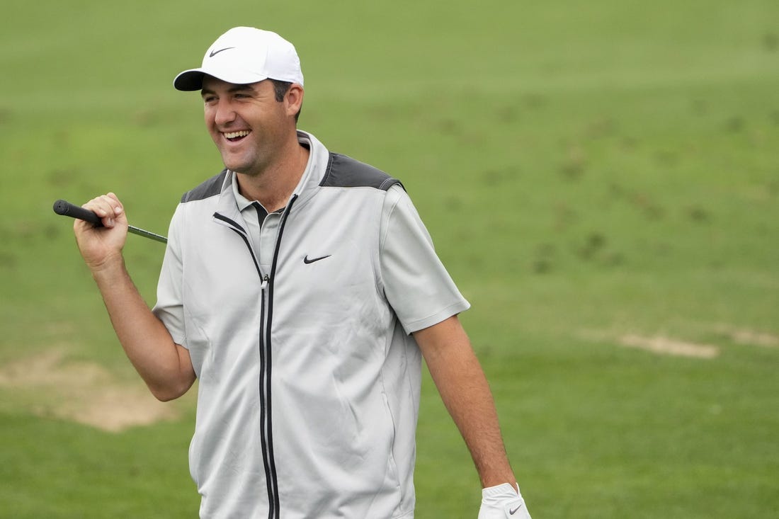 Apr 3, 2023; Augusta, Georgia, USA; Scottie Scheffler laughs at the practice facility during a practice round for The Masters golf tournament at Augusta National Golf Club. Mandatory Credit: Danielle Parhizkaran-USA TODAY Network

Pga The Masters Practice Round