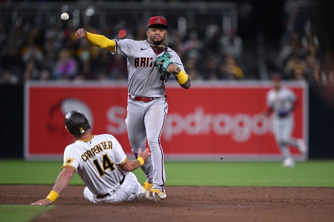 Apr 3, 2023; San Diego, California, USA; Arizona Diamondbacks second baseman Ketel Marte (4) throws to first base after forcing out San Diego Padres designated hitter Matt Carpenter (14) at second base to complete a double play during the third inning at Petco Park. Mandatory Credit: Orlando Ramirez-USA TODAY Sports