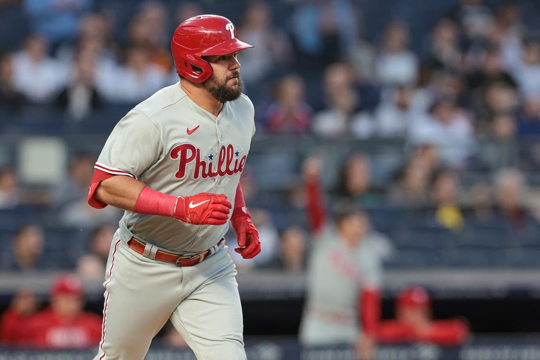 Apr 4, 2023; Bronx, New York, USA; Philadelphia Phillies left fielder Kyle Schwarber (12) runs the bases after hitting a solo home run during the first inning against the New York Yankees at Yankee Stadium. Mandatory Credit: Vincent Carchietta-USA TODAY Sports