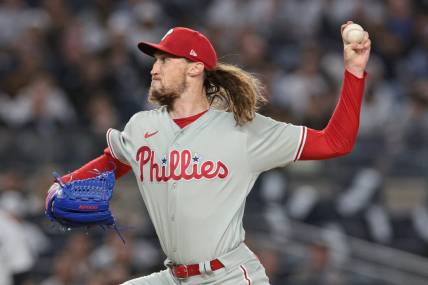 Apr 4, 2023; Bronx, New York, USA; Philadelphia Phillies relief pitcher Matt Strahm (25) delivers a pitch during the second inning against the New York Yankees at Yankee Stadium. Mandatory Credit: Vincent Carchietta-USA TODAY Sports