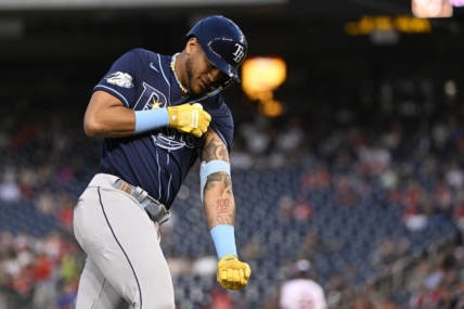 Apr 4, 2023; Washington, District of Columbia, USA; Tampa Bay Rays center fielder Jose Siri (22) gestures after hitting a solo home run against the Washington Nationals during the second inning at Nationals Park. Mandatory Credit: Brad Mills-USA TODAY Sports
