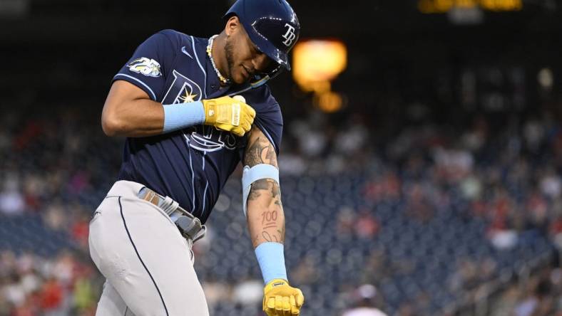 Apr 4, 2023; Washington, District of Columbia, USA; Tampa Bay Rays center fielder Jose Siri (22) gestures after hitting a solo home run against the Washington Nationals during the second inning at Nationals Park. Mandatory Credit: Brad Mills-USA TODAY Sports