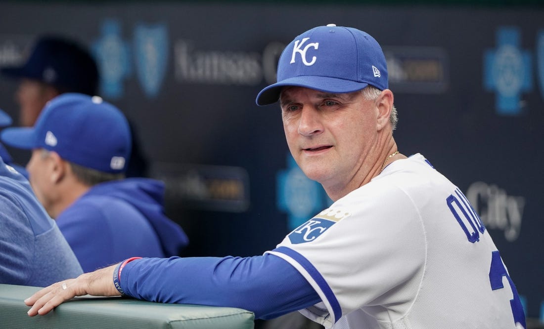 Apr 4, 2023; Kansas City, Missouri, USA; Kansas City Royals manager Matt Quatraro (33) looks out from the dugout prior to a game against the Toronto Blue Jays at Kauffman Stadium. Mandatory Credit: Denny Medley-USA TODAY Sports